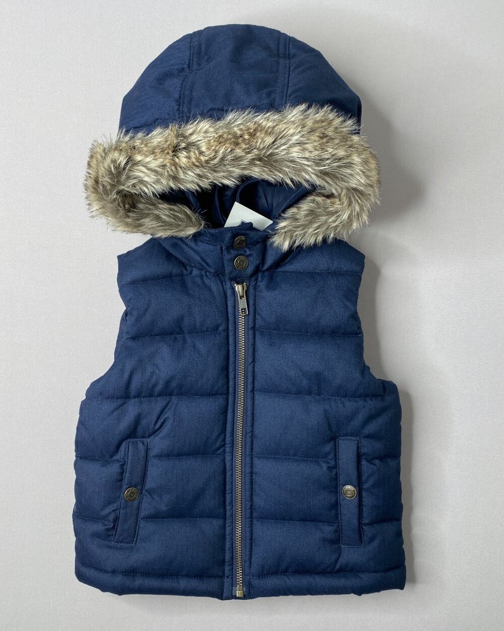 NWT Janie & Jack Boys 2T Navy Blue Puffer Hooded Vest w/Faux Fur Trim Hood